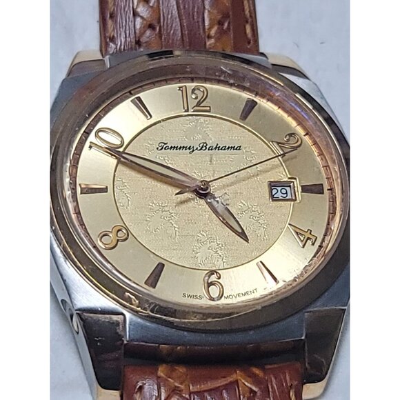 Vintage 90's TOMMY BAHAMA Analog gold tone Leather Strap WATCH with New Battery - Picture 4 of 15